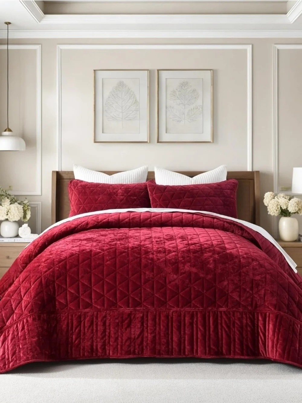 Velvet Quilted Comforter Set in Red